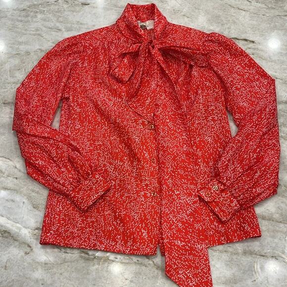 Vintage Amanda‎ Red Polka Dot Blouse | Puff Shoulder Tie Neck | Size Small - Picture 4 of 13